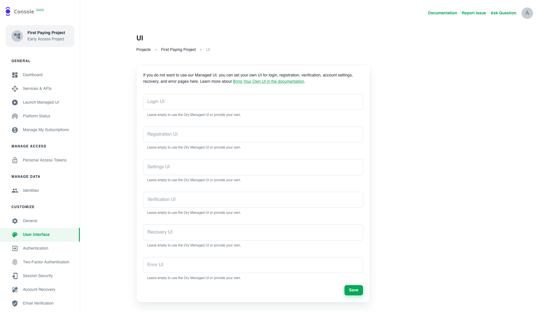 Customize UI Endpoints in the Ory Console